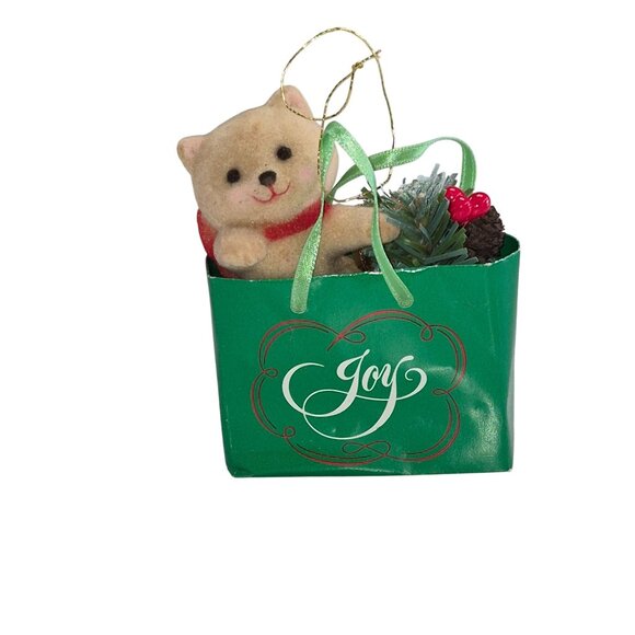 Vintage Christmas Joy Collectible Fuzzy Bear Ornament Gift Bag Decoration - Picture 1 of 5